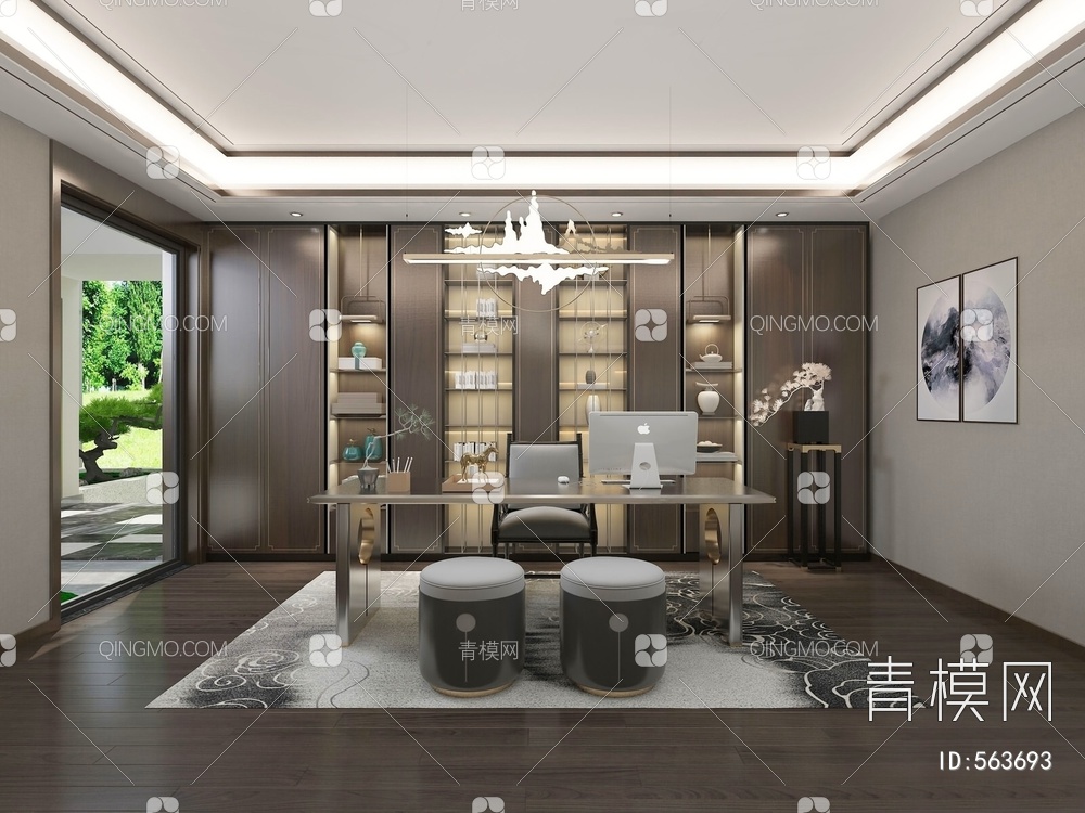 书房 桌椅 挂画 摆件 书柜 吊灯3D模型下载【ID:563693】