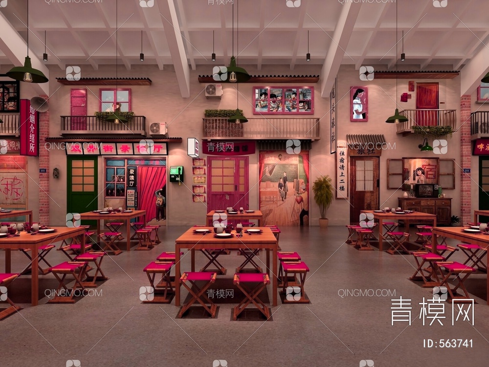 主题餐厅 火锅店 挂画摆件 电视柜 工矿灯3D模型下载【ID:563741】