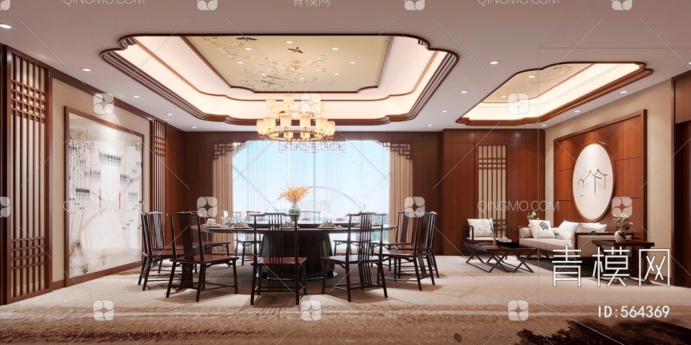 餐厅包厢 沙发 茶几 餐桌椅3D模型下载【ID:564369】