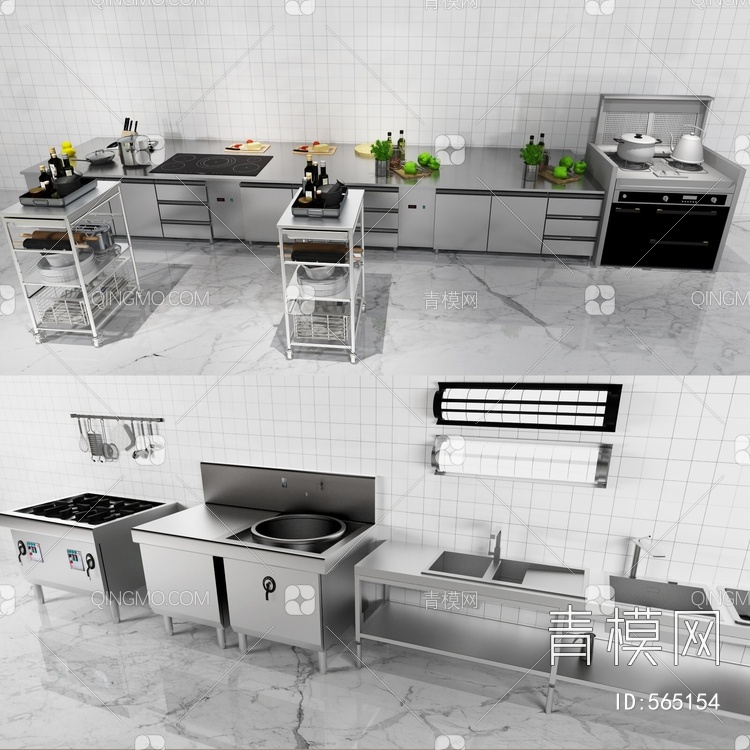 厨房设备 防爆灯 手推车 一体橱柜 后厨不锈钢水池 灶台3D模型下载【ID:565154】
