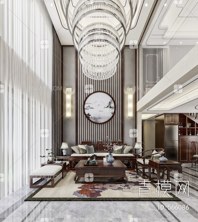 中空复式别墅客厅 组合沙发 红木家具 吊灯 客餐厅 豪华 3D模型下载【ID:566086】