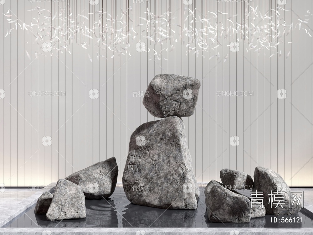 水景石头雕塑 水晶吊灯3D模型下载【ID:566121】
