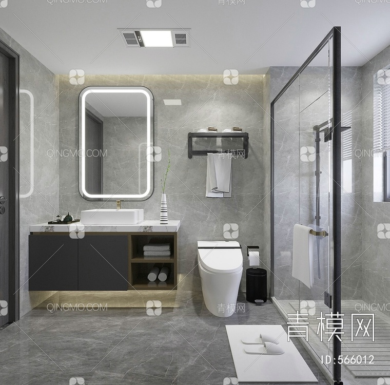 卫生间 马桶 淋浴隔断 浴室柜 洗衣机 毛巾架3D模型下载【ID:566012】