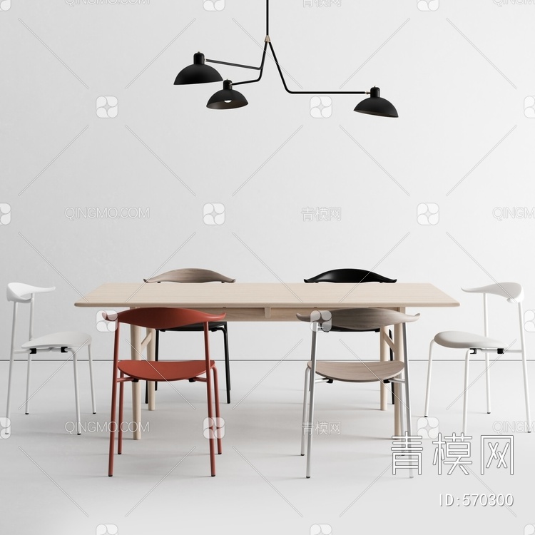 实木餐桌椅 吊灯3D模型下载【ID:570300】