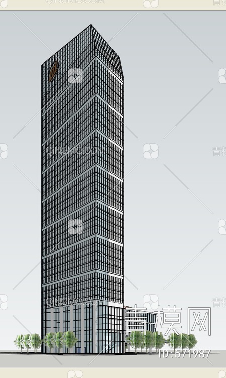 超高层办公塔楼 L型平面SU模型下载【ID:571987】