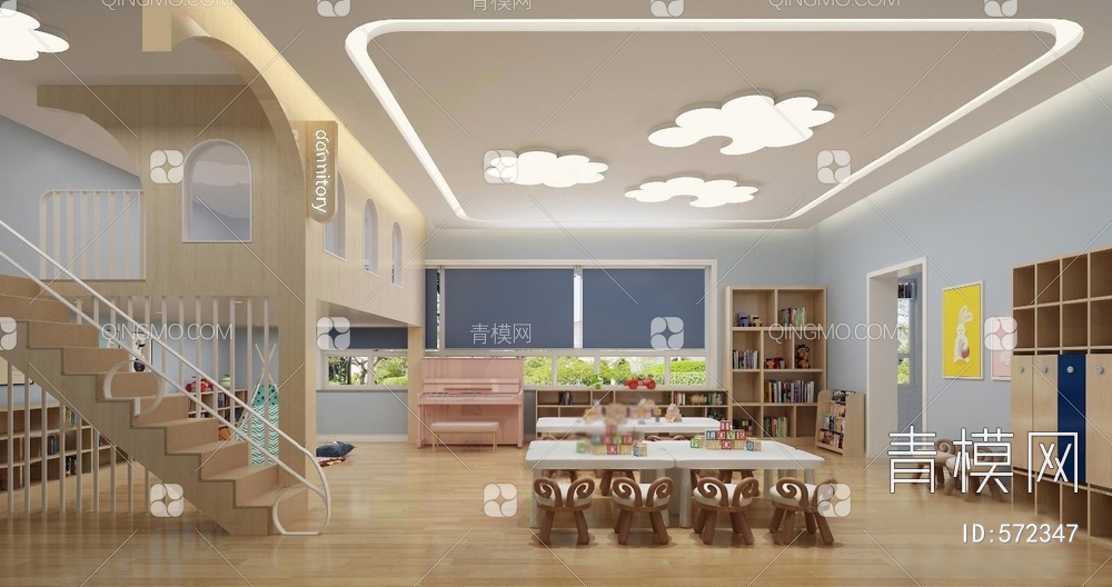 幼儿园 幼儿园活动室 桌椅 楼梯 书柜 衣柜 玩具 共享空间 云朵灯3D模型下载【ID:572347】