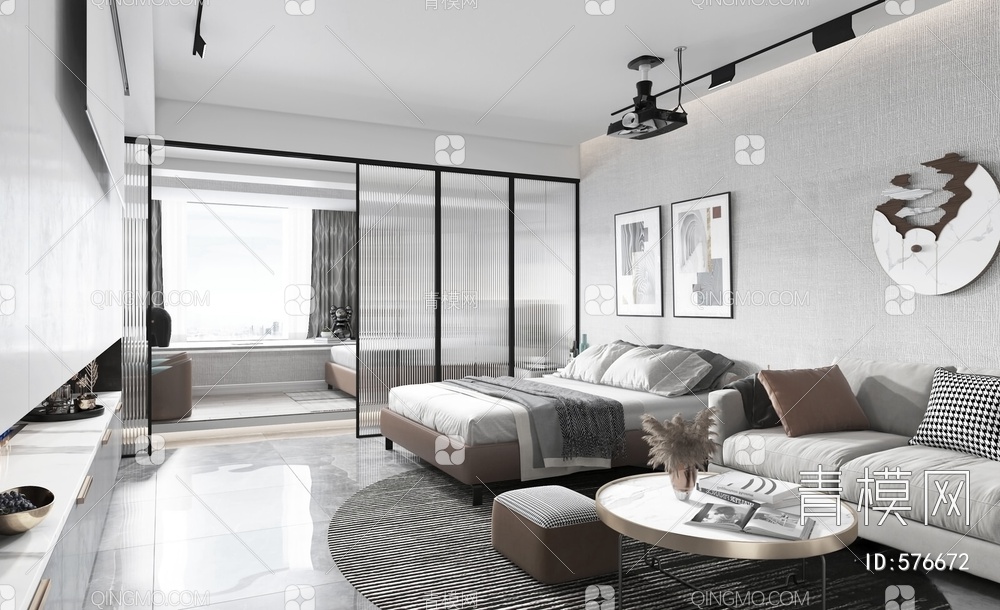 单身公寓 客餐厅 床 床头柜 沙发 电视机柜 轨道灯 投影仪3D模型下载【ID:576672】