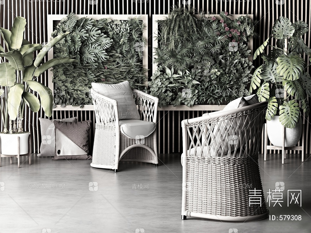 户外植物墙木质藤椅组合3D模型下载【ID:579308】