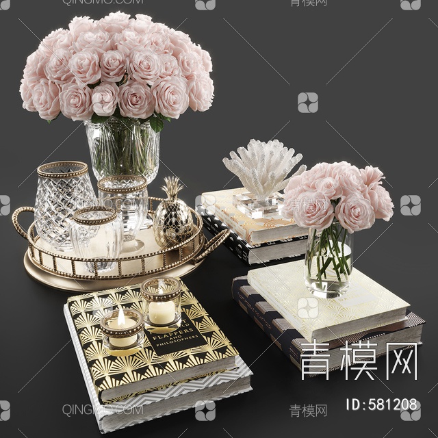 玫瑰花瓶书籍摆件3D模型下载【ID:581208】