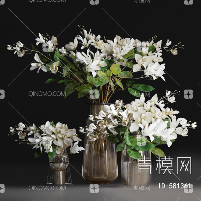 花卉花瓶组合 摆件 装饰花瓶 盆栽 植物 装饰品 陈设品 玻璃花瓶3D模型下载【ID:581361】