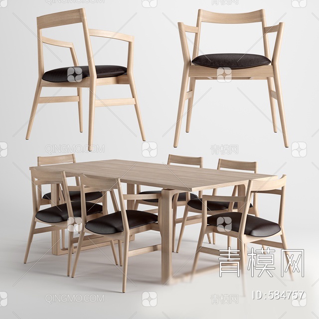 实木六人台餐桌椅3D模型下载【ID:584757】