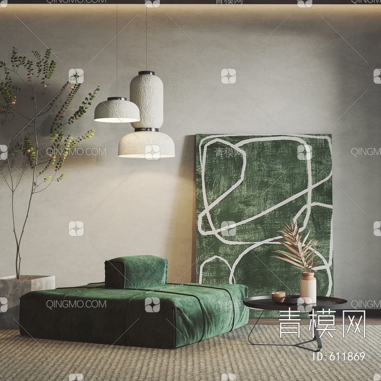 单人沙发 挂画 绿植 吊灯3D模型下载【ID:611869】