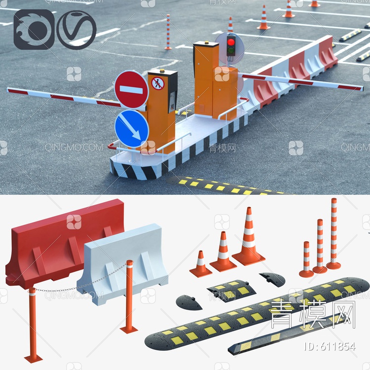 路障  护栏 三角锥 减速带  链式围栏  停车场栏杆3D模型下载【ID:611854】