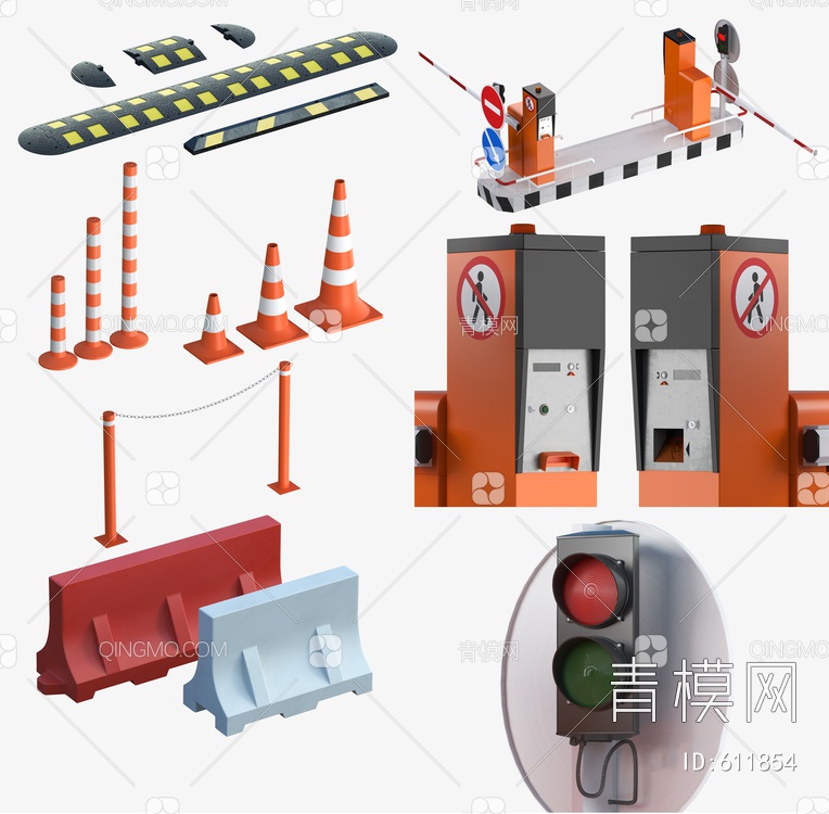 路障  护栏 三角锥 减速带  链式围栏  停车场栏杆3D模型下载【ID:611854】