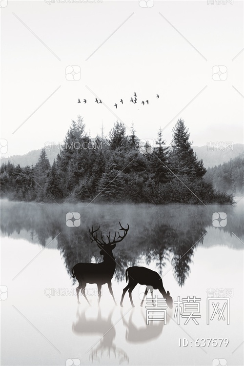 风景画 麋鹿 黑白画贴图下载【ID:637579】