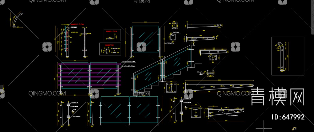 金属玻璃栏杆、楼梯栏杆CAD图库【ID:647992】