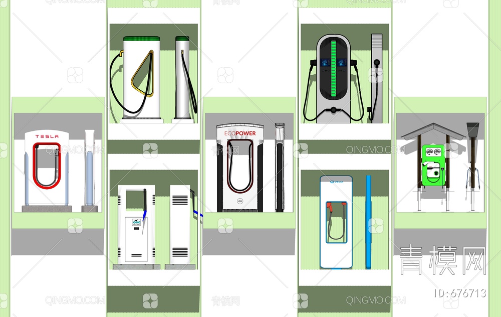 新能源汽车充电桩 充电站SU模型下载【ID:676713】