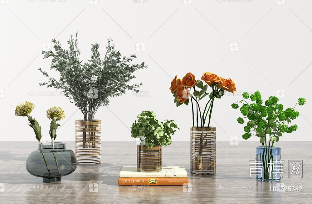 玻璃花瓶花卉组合3D模型下载【ID:725342】