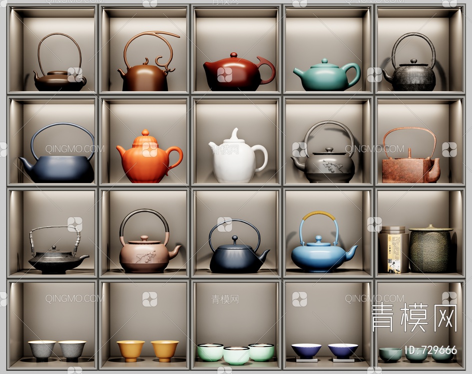 茶具组合 茶壶茶杯SU模型下载【ID:729666】
