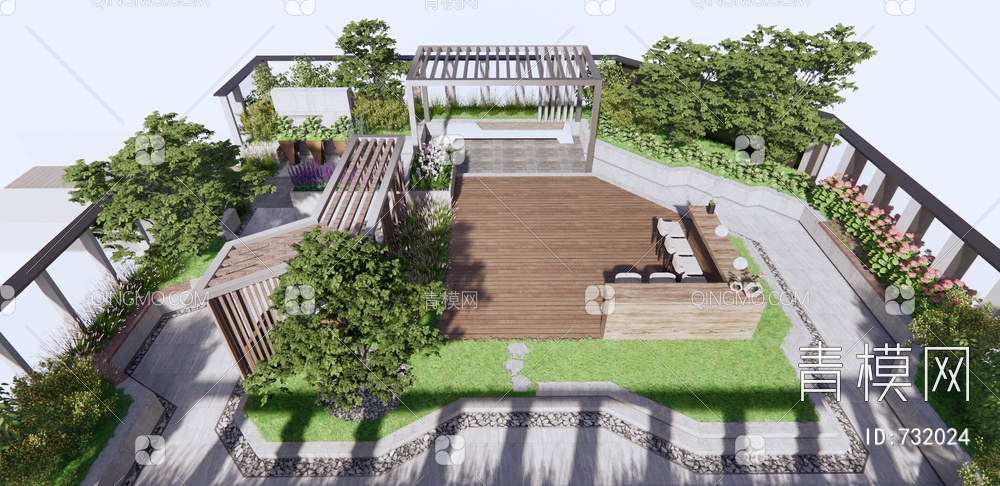 屋顶花园 景观树SU模型下载【ID:732024】
