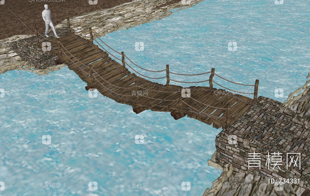 小桥流水 木板桥 木板老桥SU模型下载【ID:734331】