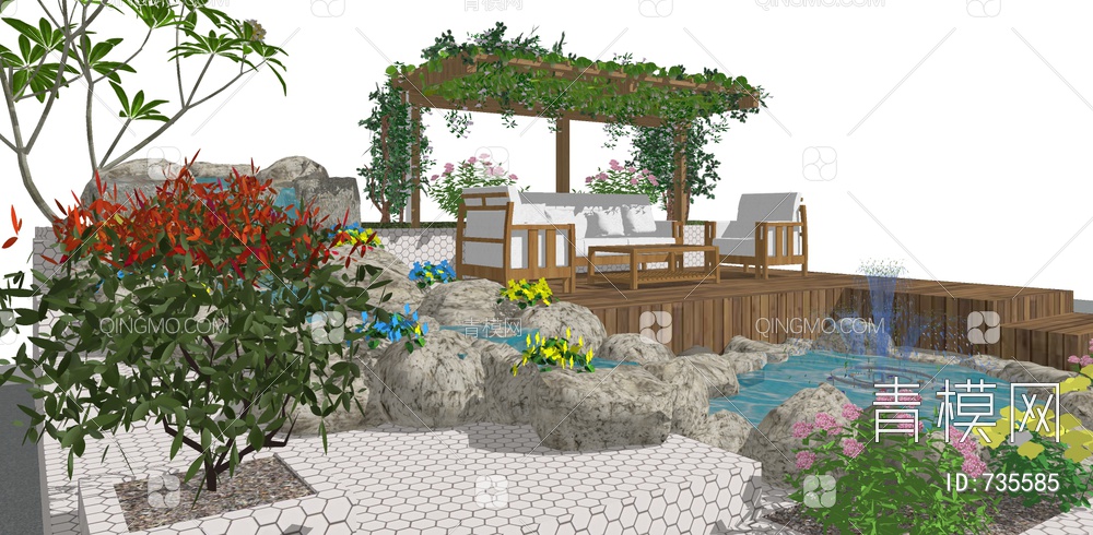 庭院花园 水景景观SU模型下载【ID:735585】
