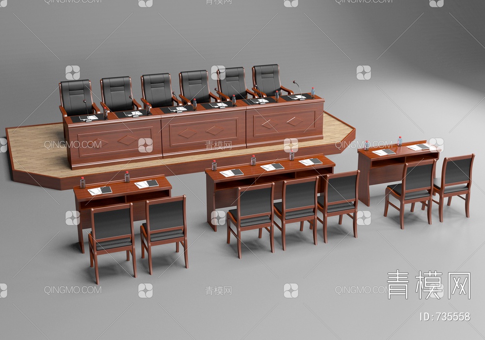 实木会议桌椅、主席台3D模型下载【ID:735558】