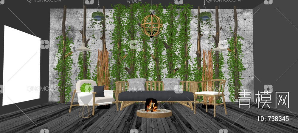 藤类植物石头墙 沙发茶几组合3D模型下载【ID:738345】