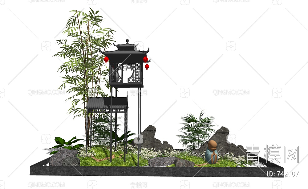 景观小品庭院景观假山石头植物SU模型下载【ID:742107】