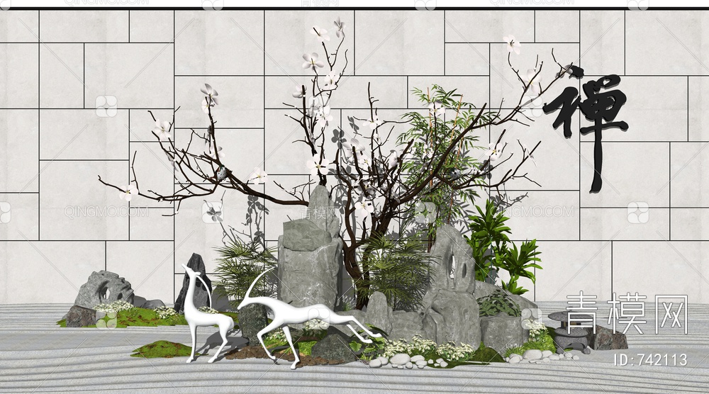 景观小品假山石头景墙景观雕塑枯山水植物景观树SU模型下载【ID:742113】