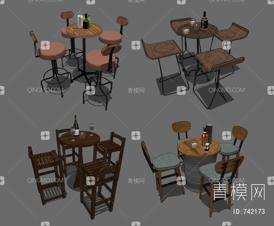 酒吧桌椅组合SU模型下载【ID:742173】