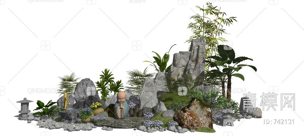 景观小品假山石头水景植物庭院景观SU模型下载【ID:742131】