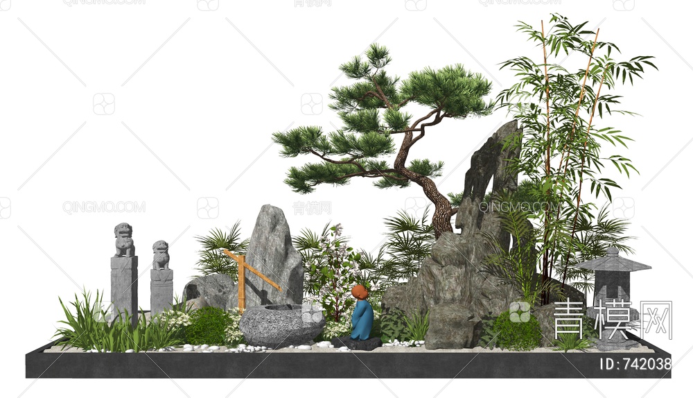 景观小品庭院景观假山石头水景松树栓马柱SU模型下载【ID:742038】