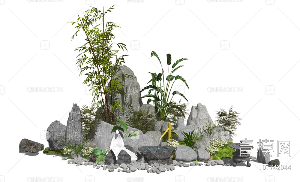景观小品假山石头水景松树植物叠石SU模型下载【ID:742044】