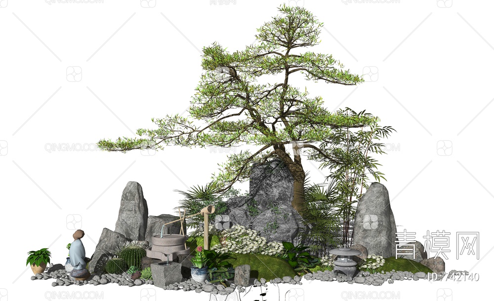 景观小品假山石头水景庭院景观松树植物SU模型下载【ID:742140】