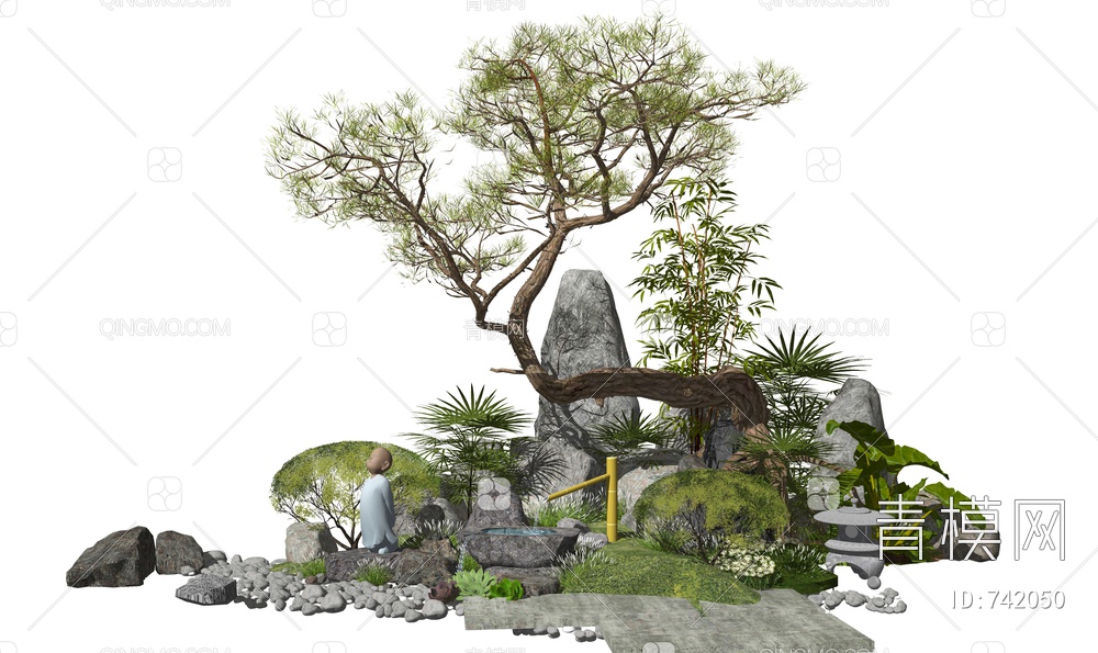 景观小品假山石头水景松树植物叠石SU模型下载【ID:742050】
