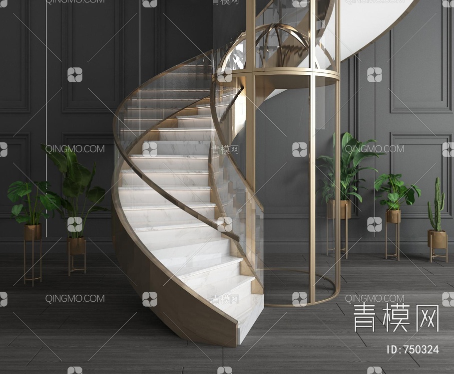 旋转楼梯电梯组合3D模型下载【ID:750324】
