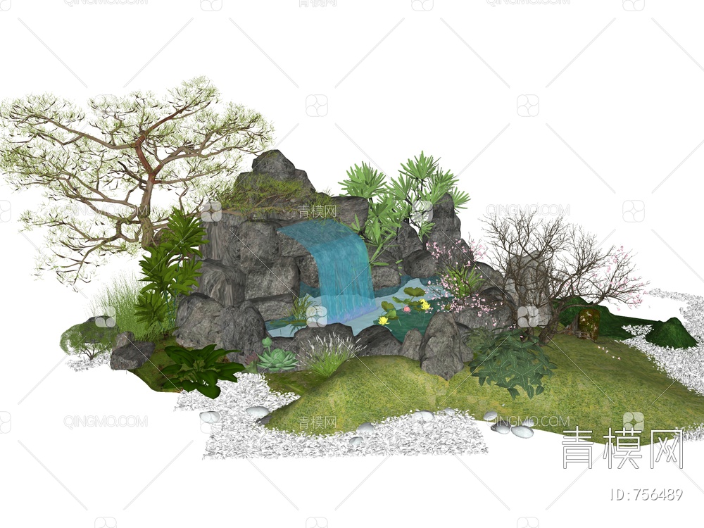 假山石头景观小品植物水景庭院景观SU模型下载【ID:756489】