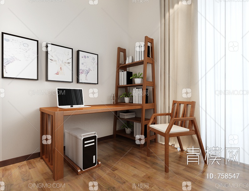 书房桌椅组合3D模型下载【ID:758547】