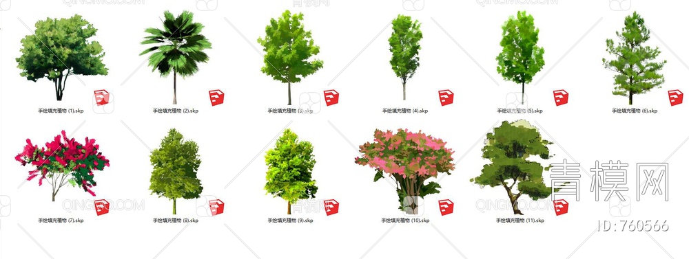 2D手绘树 乔木 景观树 植物SU模型下载【ID:760566】