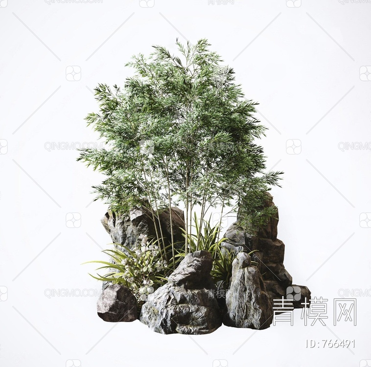 石头竹子植物组合SU模型下载【ID:766491】