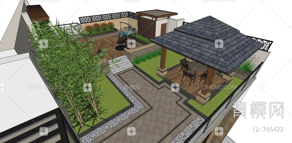 屋顶花园庭院景观SU模型下载【ID:766422】