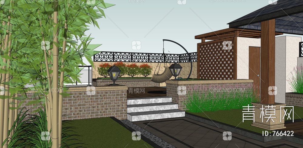 屋顶花园庭院景观SU模型下载【ID:766422】