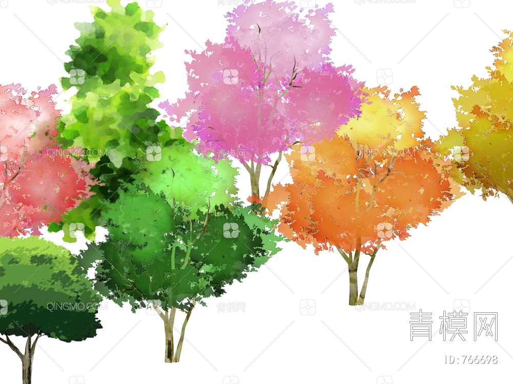 2D手绘植物 有色景观树SU模型下载【ID:766698】