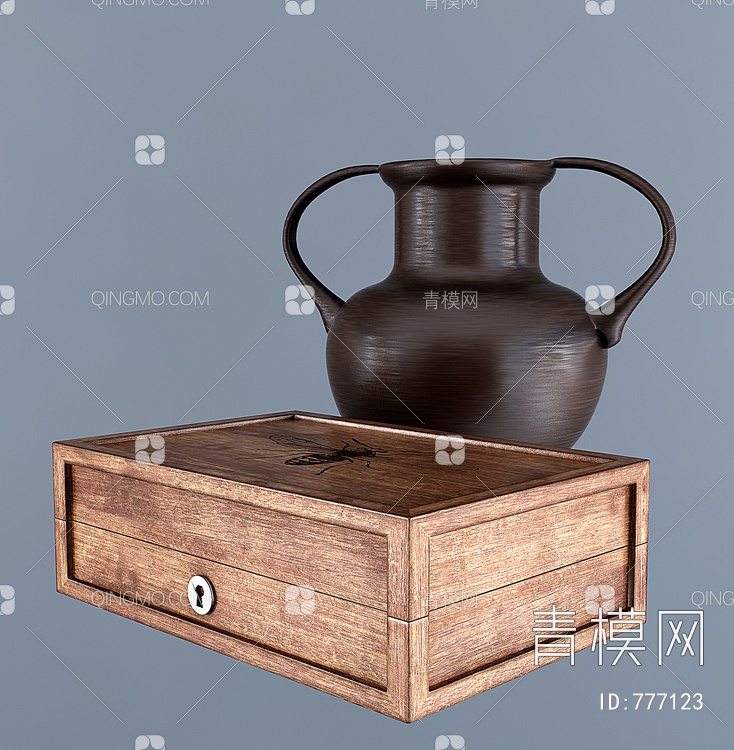实木储物箱,陶瓷罐组3D模型下载【ID:777123】