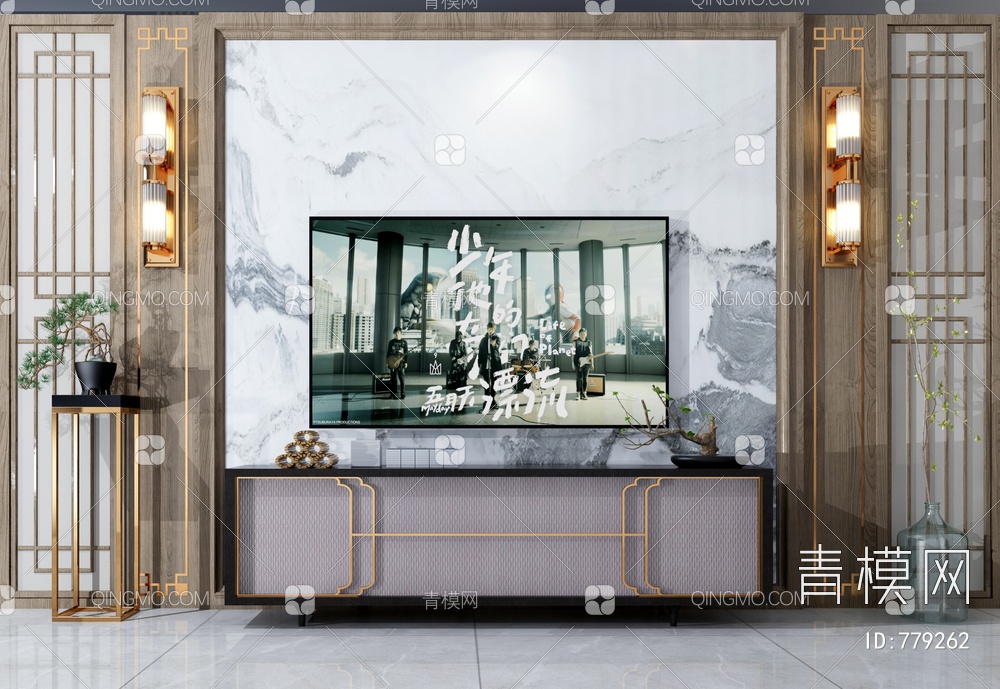 家装客厅电视背景墙3D模型下载【ID:779262】