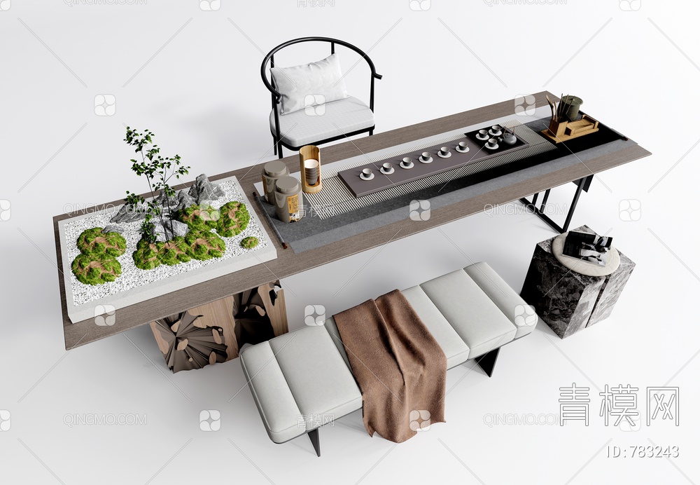 茶桌椅 茶具组合SU模型下载【ID:783243】