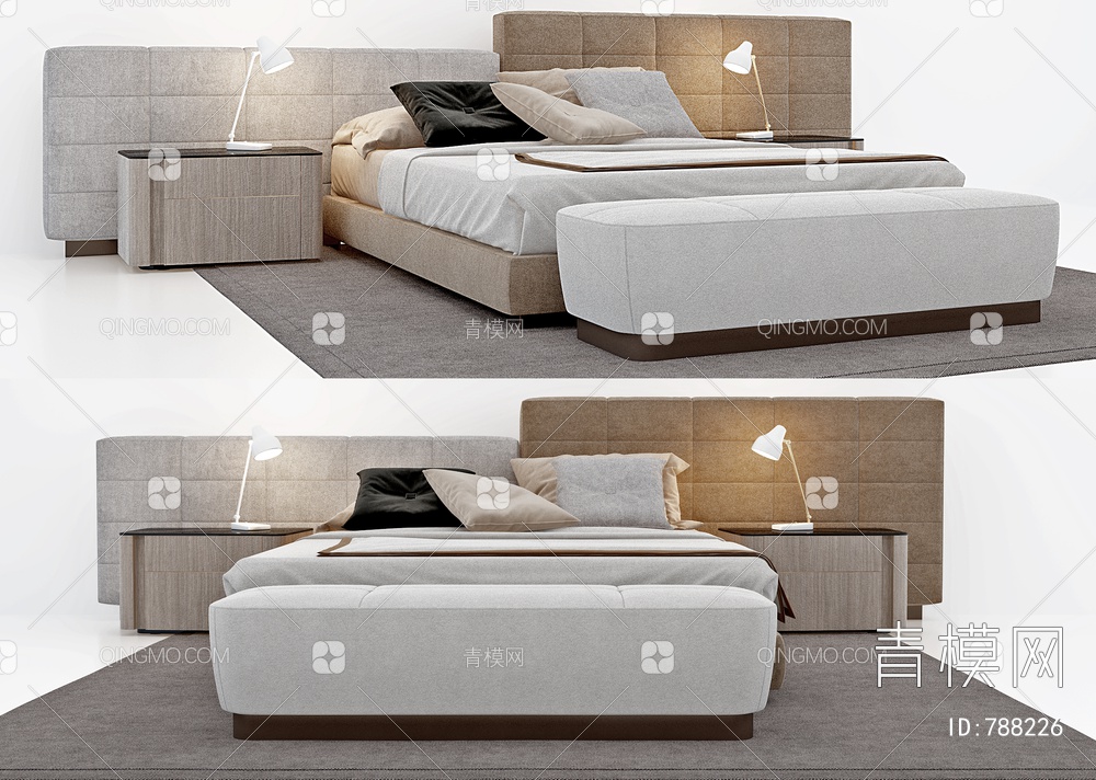 布艺双人床,床具组合3D模型下载【ID:788226】