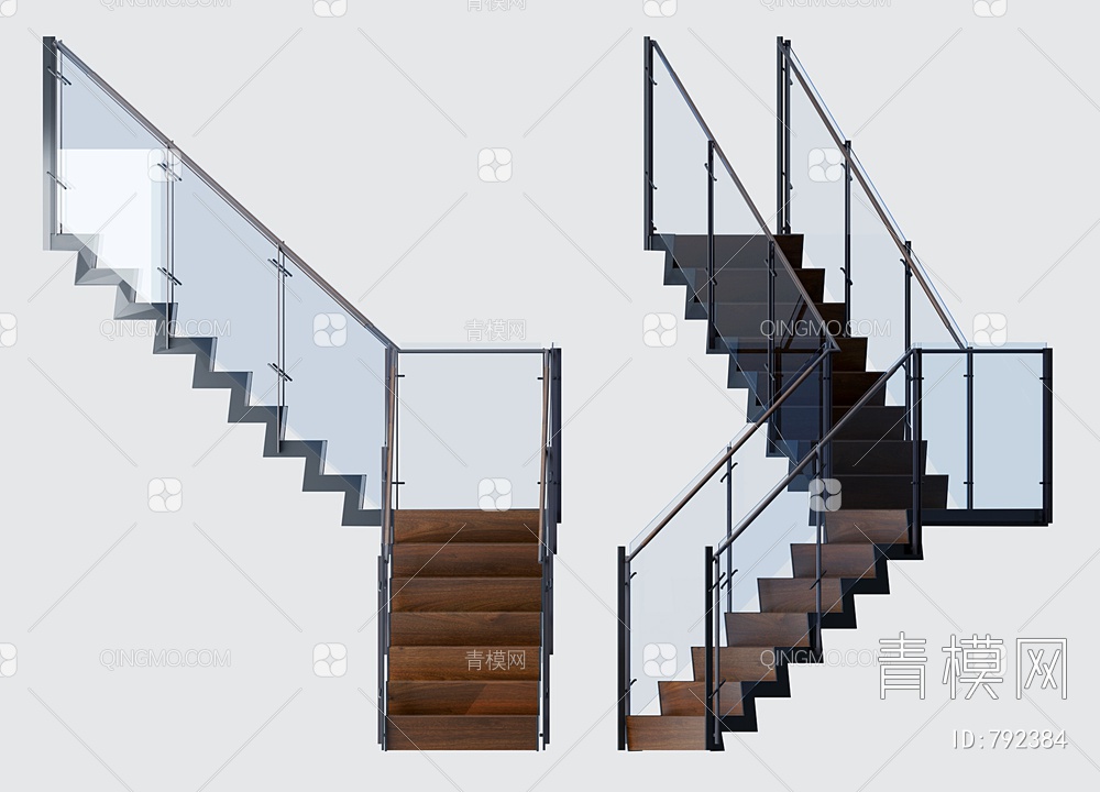 实木玻璃钢架楼梯3D模型下载【ID:792384】