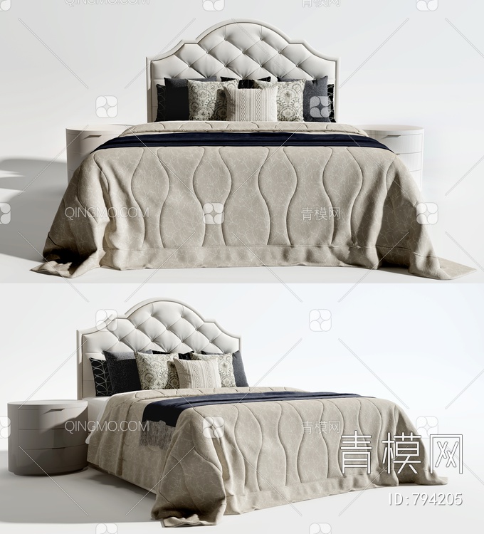 简布艺双人床,床头柜3D模型下载【ID:794205】
